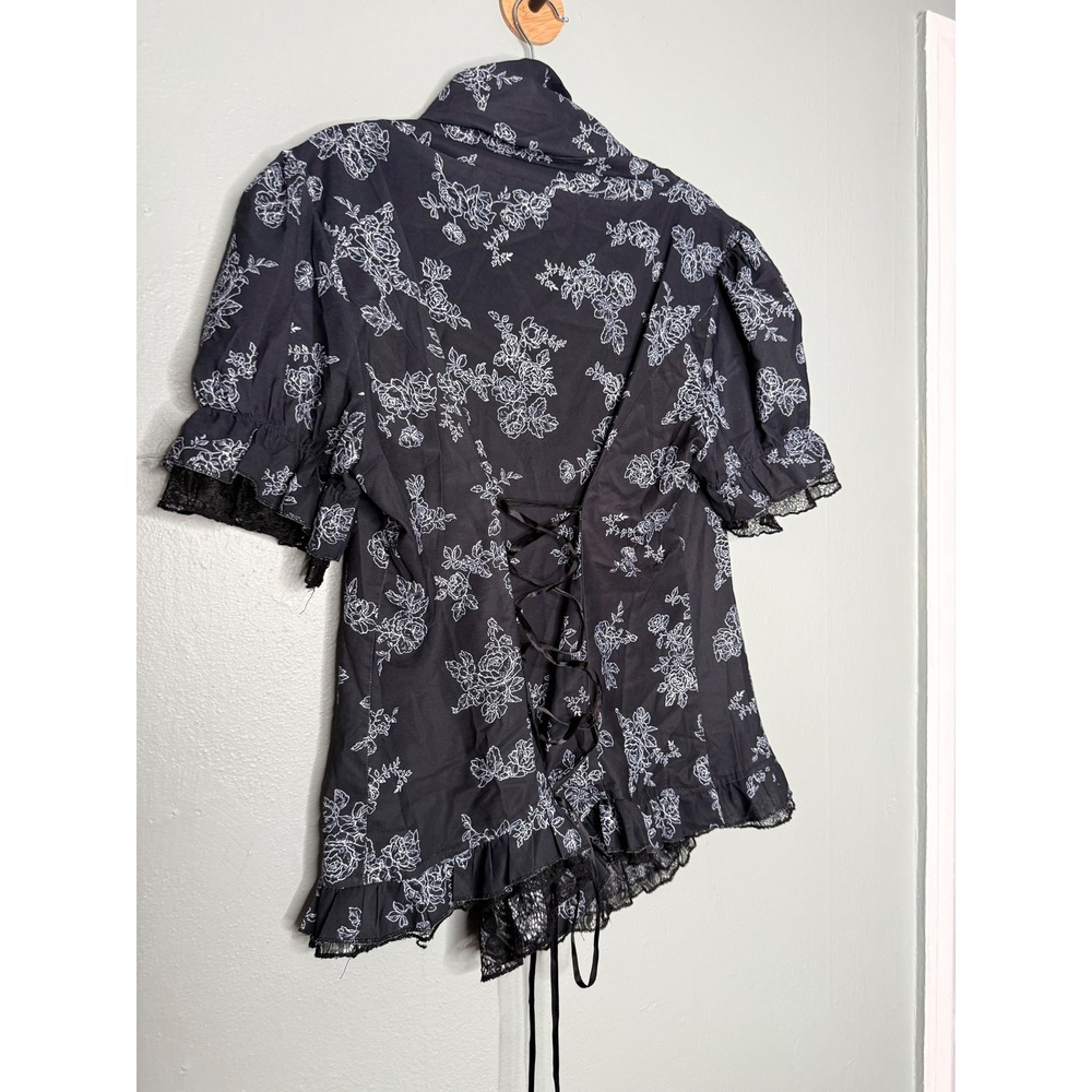 Scarlett Darkness black floral corset lace up back dark goth short sleeve blouse - Picture 6 of 6